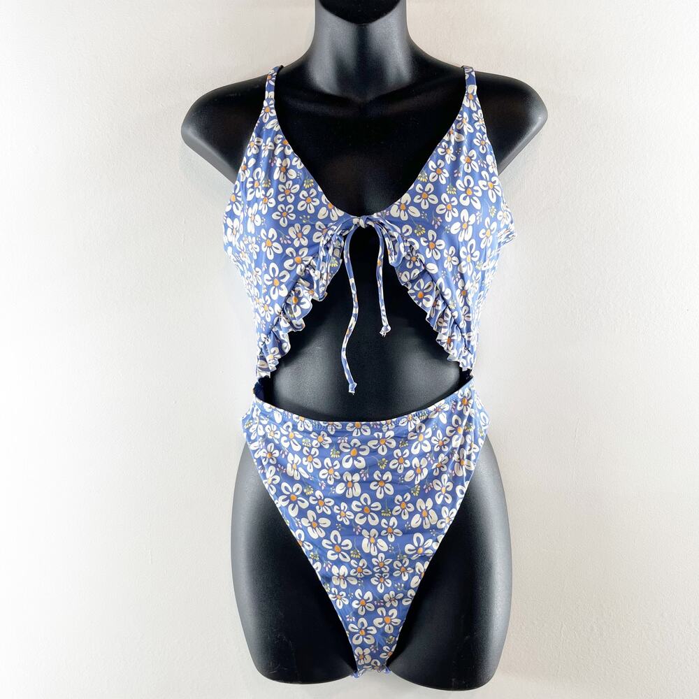 Dippin Daisys Floral Cutout One Piece Swimsuit Bathing Suit Blue Large